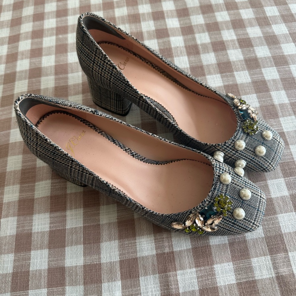 J. Crew Plaid Block Heels with Pearl Embellishments